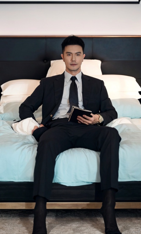  a man,male focus,(masterpiece, Realism, best quality, highly detailed,profession),asian,exquisite facial features,handsome,muscular,casual suit,socks,footwear,Black necktie,soft lighting,Lie in bed,blurry,xiewa, 1man, gx3,