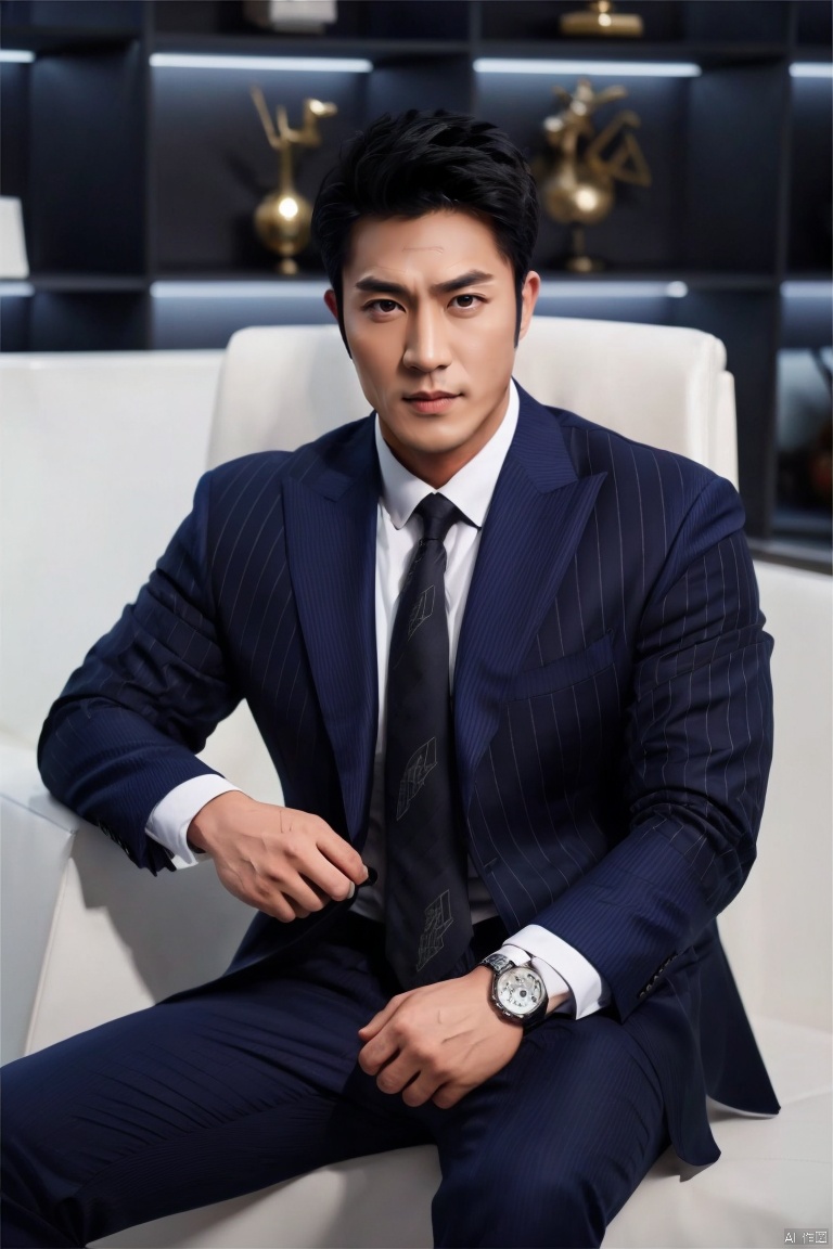 jzns,chg,1man,asian,handsome,charming eyes, necktie, solo, male focus, watch, formal, wristwatch, suit, shirt, pants, sitting,,masterpiece,realistic,best quality,highly detailed, jzns,chg