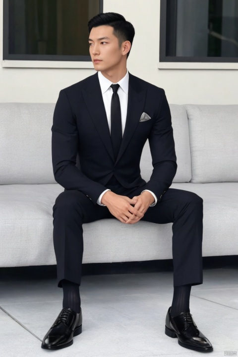 1man,masterpiece, realistic, best quality, highly detailed, Ultra High Resolution,profession,male focus,asian,Confident Dressing,exquisite facial features,handsome,deep eyes,muscular,formal suit,shirt,necktie,pants,sheer socks,footwear,Tailored Fit,Quality Fabrics,graceful yet melancholic posture,leaning,soft lighting,full shot,jzns, jznssw,(sheer socks:1.2),br