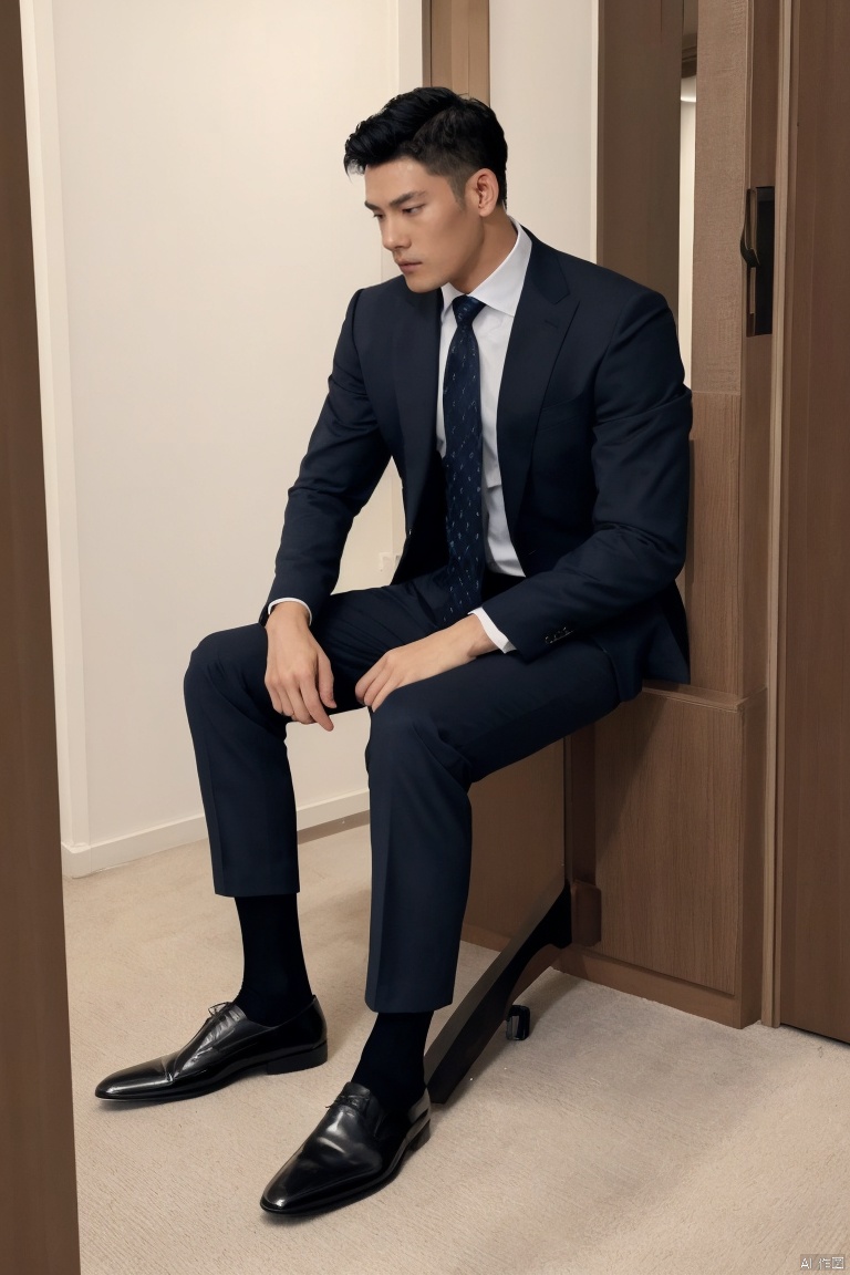  1man,masterpiece, realistic, best quality, highly detailed, Ultra High Resolution,profession,male focus,asian,Confident Dressing,exquisite facial features,handsome,deep eyes,muscular,formal suit,shirt,necktie,pants,sheer socks,footwear,Tailored Fit,Quality Fabrics,graceful yet melancholic posture,leaning,soft lighting,full shot,dutch angle,from_side,medium_shot,jzns,hzbz
