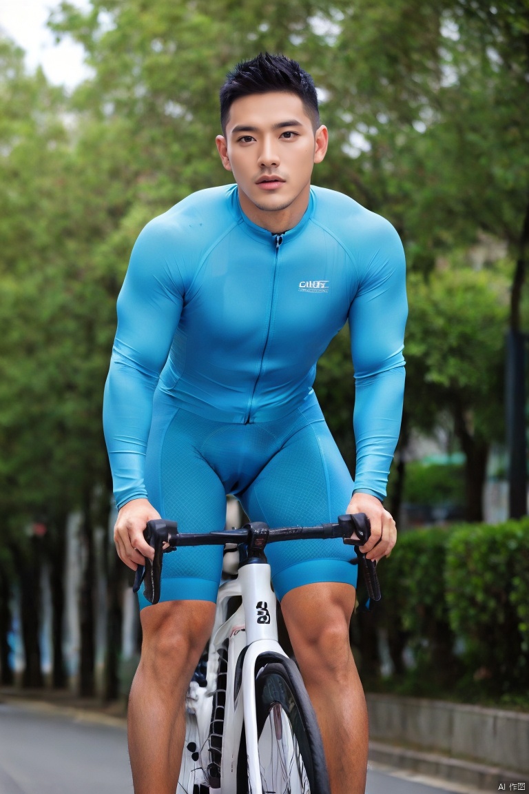jzns,bikesuit, 1man, male focus,exquisite facial,handsome,charming eyes,solo,asian,, bicycle, solo,asian,  ground vehicle, short hair, black hair, outdoors, blurry, muscular, muscular male, blurry background, realistic, white tight long_sleeves,light blue bike shorts,(riding),masterpiece,realistic,best quality,highly detailed,highres,brxu