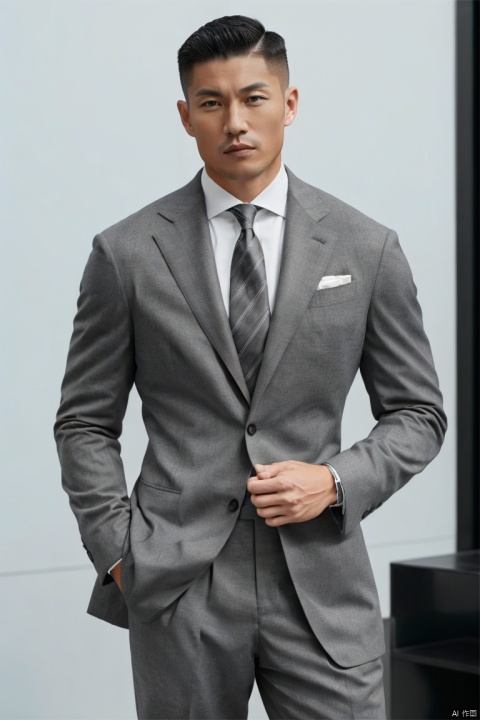  1man,solo,male focus,asian,exquisite facial features,handsome,muscular,grey suit,grey pants,upper  body,(masterpiece, realistic, best quality, highly detailed,profession),jzns,brxu