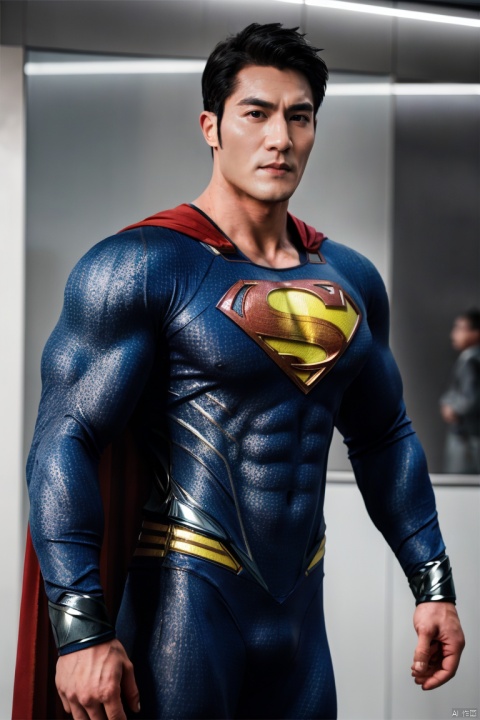 jzns,1man,superman tight uniform,male focus,asian,exquisite facial features,handsome,Volumetric lighting,blurry,full shot,masterpiece, realistic, best quality, highly detailed, Ultra High Resolution,profession, jznssw,chg,zuk