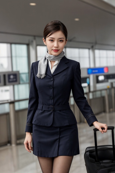  1girl,fashion model,female focus,(masterpiece, realistic, best quality, highly detailed, profession),asian,pretty,Charming eyes,exquisite facial features,short hair,skirt,aviation uniforms,black pantyhose,high heels,scarf,standing,in airport,full shot,blurry,plns,kongjie