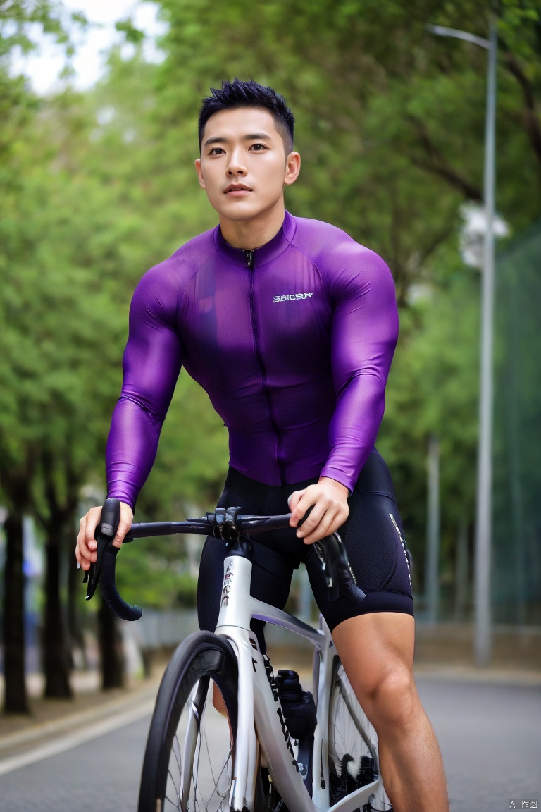 jzns,bikesuit, 1man, male focus,exquisite facial,handsome,charming eyes,solo,asian,bicycle, solo,asian,  ground vehicle, short hair, black hair, outdoors, blurry, muscular, muscular male, blurry background, realistic, purple tight long_sleeves, bike shorts,(riding bike:1.1),masterpiece,realistic,best quality,highly detailed,highres,brxu