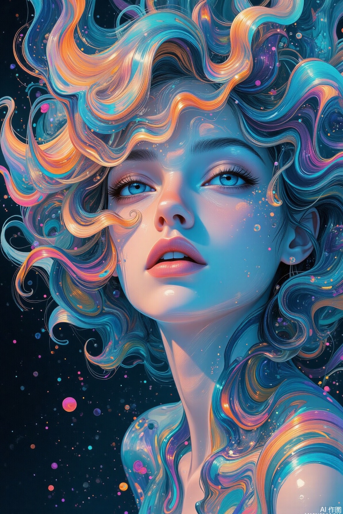 jzbj,surrealism, A portrait that blends a face with fluid, marine - inspired forms and textures, evoking the fluidity of life and the enigmatic allure of the ocean..,surrealism, ,plns,plbj,color-speckled background,digital-art