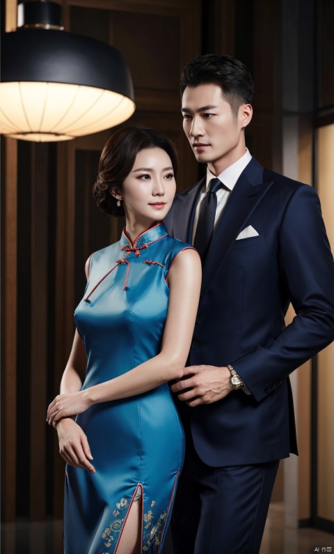 👫,1man and 1woman,standing,Asian,exquisite facial features,affectionate,charming eyes,formal suit,cheongsam,Volumetric lighting,High-end fashion photoshoot,masterpiece,realistic,best quality,highly detailed, jzns, plns