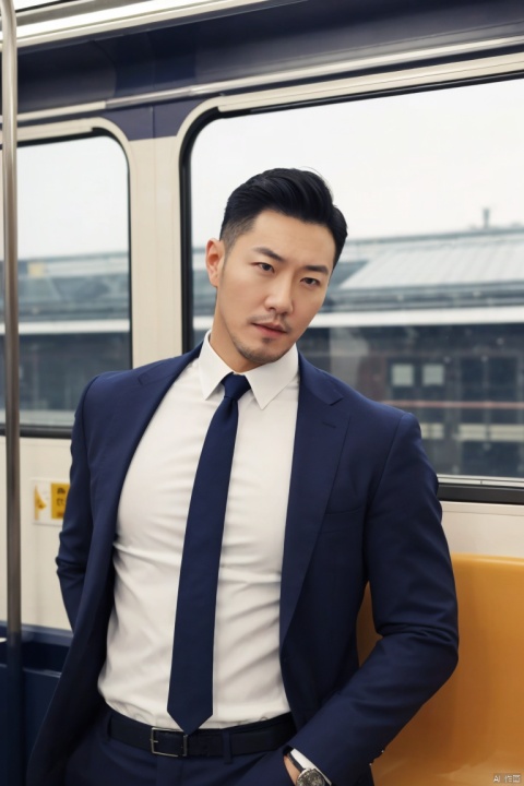  1man,male focus,(masterpiece, realistic, best quality, highly detailed,profession),asian,exquisite facial features,handsome,deep eyes,large pectorales,white shirt,necktie,holding clothes,lean on train interior,(outdoors),cinematic composition,blurry,jzns, hzbz