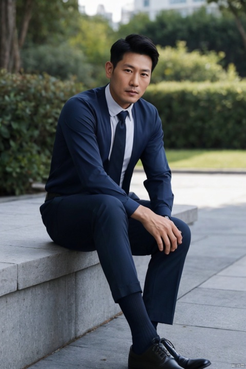  jzns, zuk,1man,male focus,asian,40y.o,exquisite facial features,handsome,Longsleeves shirt,armband,necktie,pants,(navy sheer socks),footwear,sitting,crossed legs,Volumetric lighting,blurry,full shot,outdoors,masterpiece, realistic, best quality, highly detailed, Ultra High Resolution,profession,hbing, jznssw