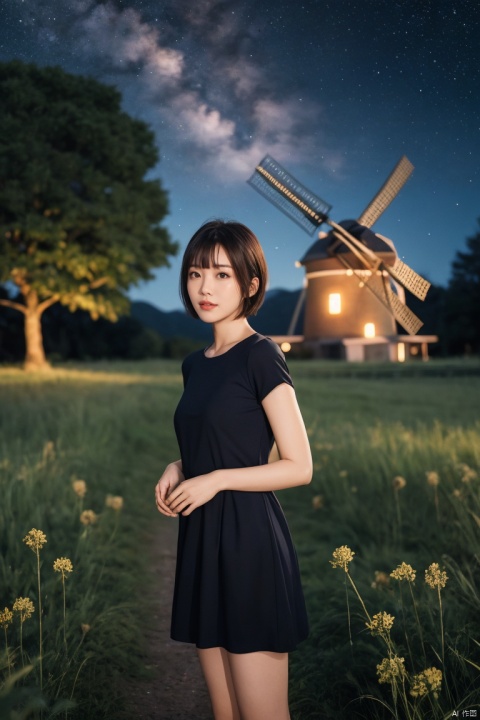  1girl, exquisite facial,pretty,charming,asian,solo, scenery, (sky:1.1), star, outdoors, starry sky, night, tree, blurry foreground, bug, night sky, grass, blurry, cloud, plant, butterfly, depth of field, fantasy, flower,windmill, dress, nature, short sleeves, v arms, black sky, forest, short hair, shirt, blunt bangs, star \(sky\), grasslands, plns