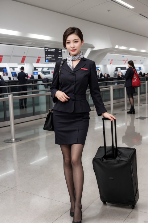  1girl,fashion model,female focus,(masterpiece, realistic, best quality, highly detailed, profession),asian,pretty,Charming eyes,exquisite facial features,short hair,skirt,aviation uniforms,black pantyhose,high heels,Silk scarves,standing,in airport,full shot,blurry,plns,kongjie