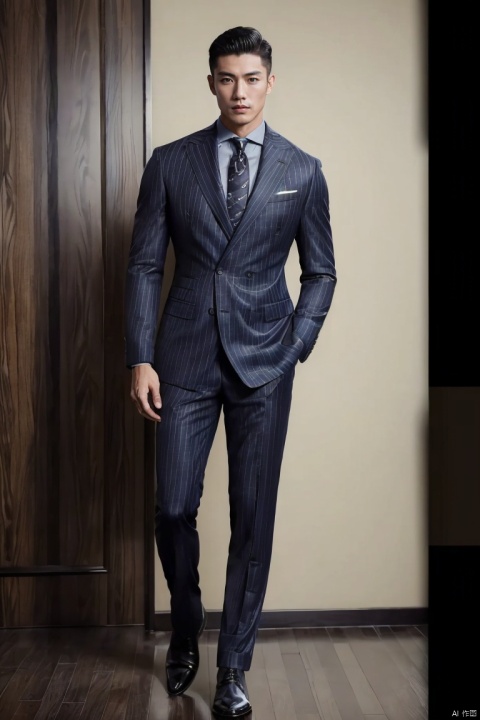  1man,solo,fashion model,male focus,asian,exquisite facial features,handsome,muscular,suit,stripednecktie,pants,boots,standing,Hazy,(masterpiece, realistic, best quality, highly detailed,profession), jzns,1man,jznssuit