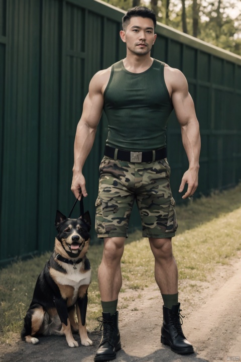  Best quality, masterpiece, ultra-high resolution, detailed background, game_cg, military camp, a man, Asian, 35 years old, muscular, green tight sleeveless top, chest hair, green camouflage military hot shorts, black combat boots, knee socks,Dog Tag,standing, full body portrait, looking at me,jzns, jzns, zjh