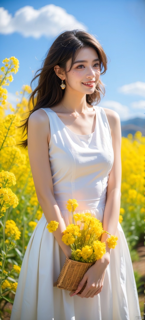  A beautiful woman standing in a blooming rapeseed field, wearing a white top and a red skirt, the skirt fluttering gently. Surrounded by golden rapeseed flowers, with gently rolling hills in the distance, the sky is a deep blue with a few white clouds leisurely drifting by. High-definition photo of the most beautiful artwork in the world featuring a lady in white and red dress standing in a sea of golden rapeseed flowers, smiling, freckles, white outfit, red skirt, nostalgia, sexy, dramatic oil painting by Ed Blinkey, Atey Ghailan, Studio Ghibli, by Jeremy Mann, Greg Manchess, Antonio Moro, trending on ArtStation, trending on CGSociety, Intricate, High Detail, Sharp focus, photorealistic painting art by midjourney and greg rutkowski., Light master