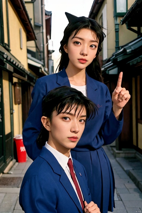 ( 1girl：1.5)， beautiful ，conan，， dim gray eyes，Japanese school uniform，black straight hair
，，Japan street