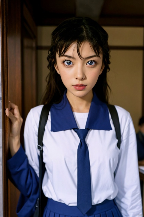  1girl， conan， deep purple eyes，Japanese school uniform
