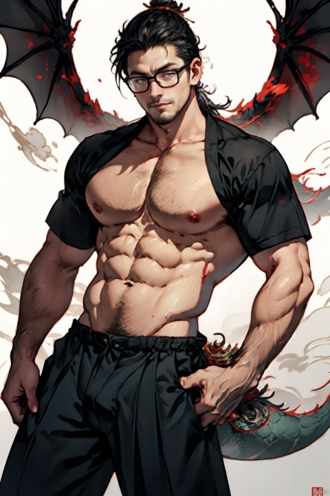  sword，daosim hat，drive dragon，body，knife，blood,Thick black chest hair, 23years old,realistic,body hair,1man,Ponytail
,nsfw, ,outside, asian, , dongbeiren, eastern dragon, Chinese,dragon glans,Black framed  glasses,Mythical and Legendary Background,Taoist priest，evil spirit around