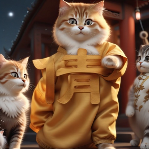 Emphasize lighting, a group of cats, ancient Chinese clothing, Tai Chi, Kung Fu, high-definition 4K, top quality