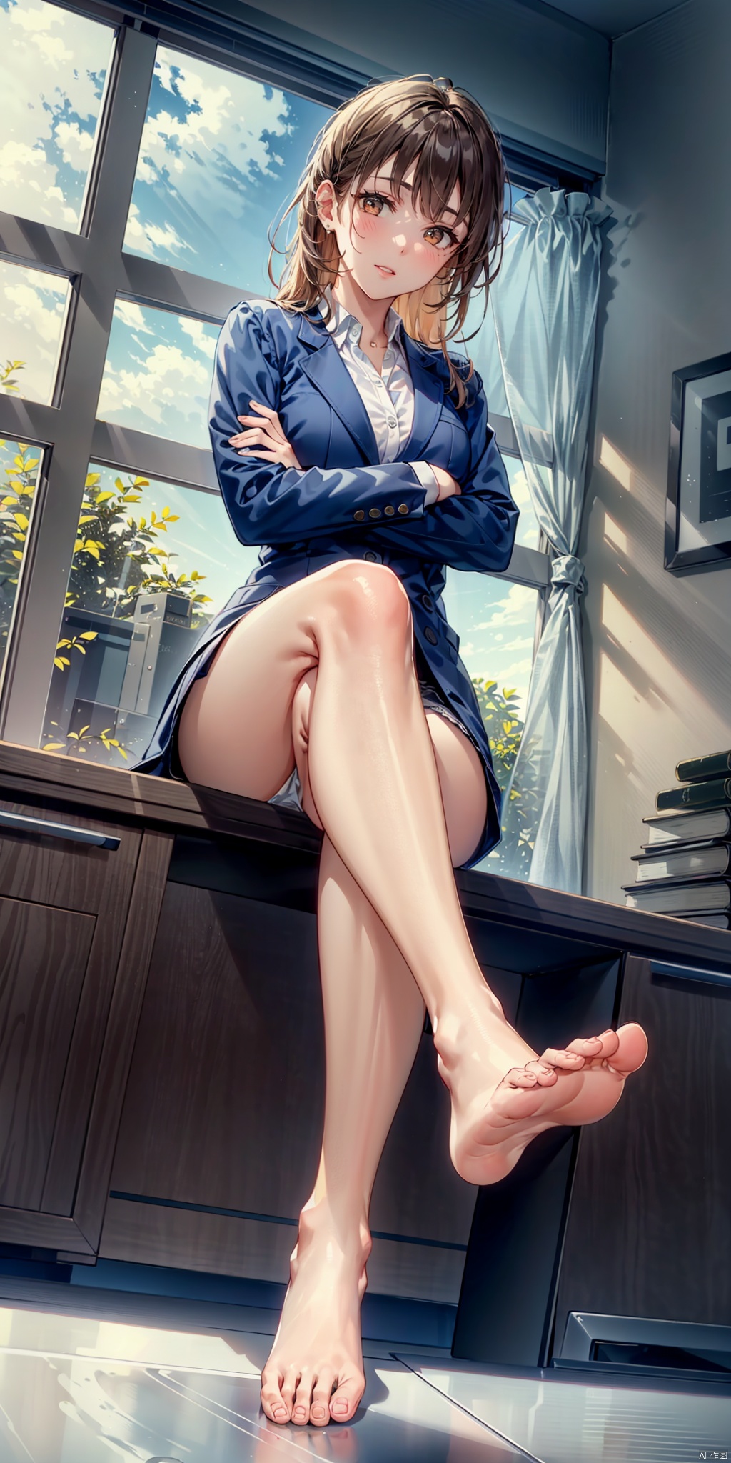  1woman， {feet on desk}, red eyes, sitting, full body, feet, toes, legs, crossed legs, crossed arms,soles, foot focus, no shoes, dutch angle, looking at viewer, sharp eyes, long hair, medium breasts, solo, window, blinds, window blinds, twilight,landscape, mature woman，cg