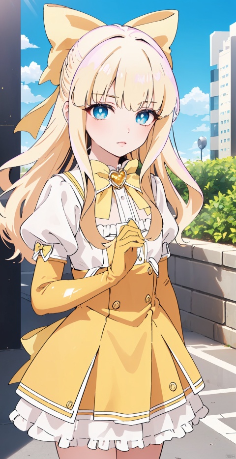  masterpiece, bestquality,1girl, solo, long hair, looking at viewer, blonde hair, magical gril, kaorukotenkawa, kaoruko tenkawa, long hair,, blonde hair, bow, hair bow, yellow bow,BREAK gloves, dress, heart, elbow gloves, magical girl, yellow gloves,BREAK outdoors, city, sky, sun, clouds,BREAK looking at viewer, (cowboy shot:1.5),BREAK , (masterpiece:1.2), best quality, high resolution, unity 8k wallpaper, (illustration:0.8), (beautiful detailed eyes:1.6), extremely detailed face, perfect lighting, extremely detailed CG, (perfect hands, perfect anatomy),