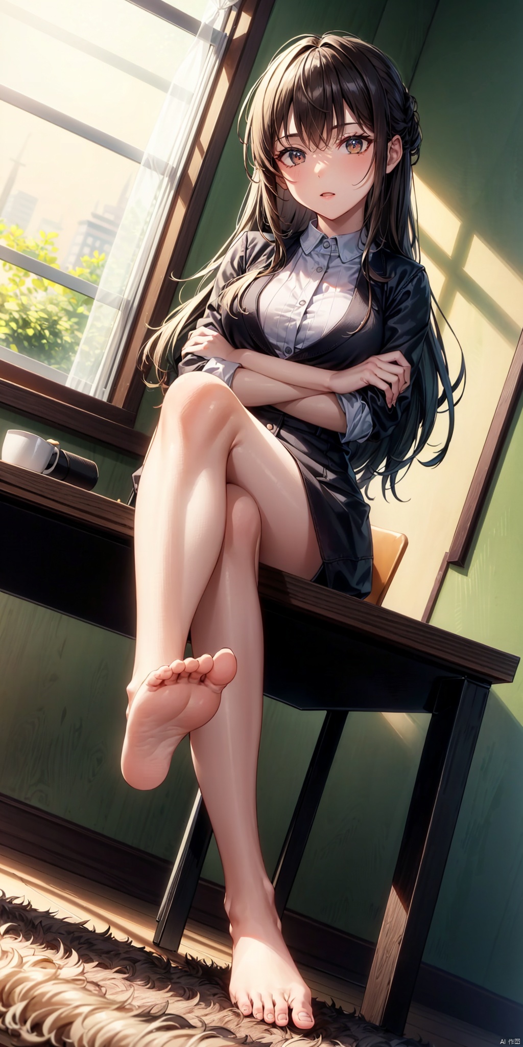  1woman， {feet on desk}, red eyes, sitting, full body, feet, toes, legs, crossed legs, crossed arms,soles, foot focus, no shoes, dutch angle, looking at viewer, sharp eyes, long hair, medium breasts, solo, window, blinds, window blinds, twilight,landscape, mature woman，cg