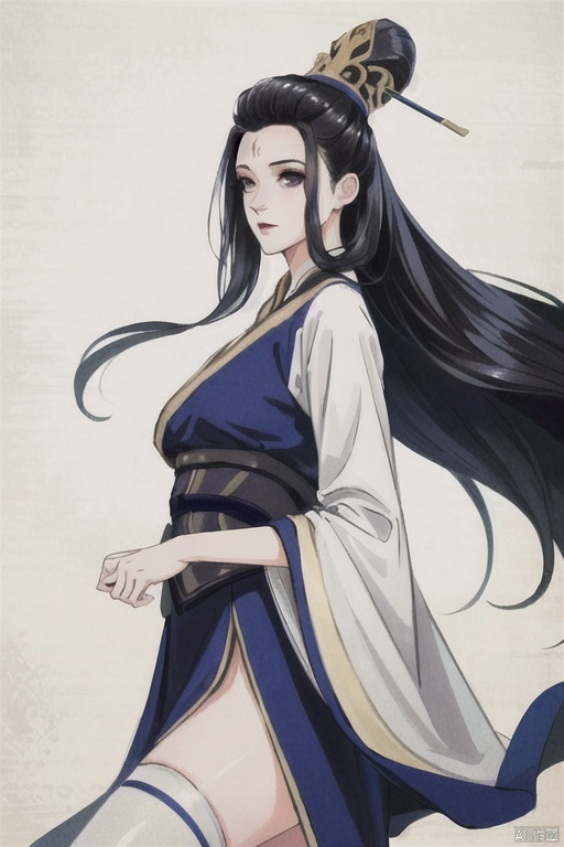  solo, highly detailed, cinematic highlight hair, (best quality), ((masterpiece)),1girl,purple hanfu,NB, black hair,simple_background, long hair, white thighhighs,