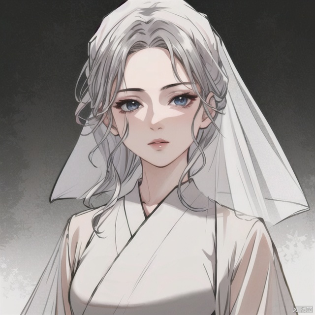  solo, highly detailed, cinematic highlight hair, (best quality), ((masterpiece)),1girl, silver hair,simple_background, (white veil), long hair, blue eyes, portrait,ning,hanfu, ning,see-through
