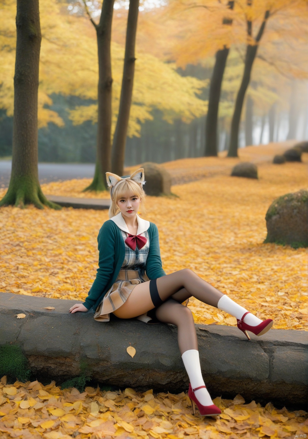  1girl, solo, looking at viewer, sitting, fox ears, full body, strappy heels,plaid shirt, short sleeves,jacket, bow, bangs, low ponytail, blonde hair fox tail, fox girl, kitsune, ((autumn, outdoors, day, forest, falling leaves, bird, leaf)), (fog, dyntall effect), (wide shot, panorama, full body, depth of field),(movie poster,english text),(Flagstone road,branches)