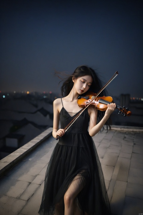 leogirl,a young girl playing the violin on the roof of a building,dark environment,in the dark,deep shadow,a very atmospheric scene,Chinese girl,slender figure,the evening breeze ruffled her hair,long black hair,blurry_foreground,depth of field,Raw photo,light through out from shadowmotion blur.Shaky Camera,flashy,dynamic posedreamy,wind,black theme,film grain,grainy,eyes closed,double exposure,tile shift,(upward perspective:1.3),(full body:1.3),flat roof,venerable roof,a cinematic atmosphere,triangular composition,(look up view:1.3),long black tulle dress,best quality,8k,hazy and beautiful,night,shoot from the bottom up,wide-angle lens, han