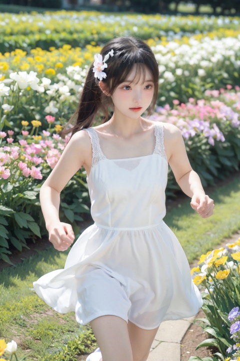 1 girl, cute, white dress, flower fields, flowers, running, 1girl