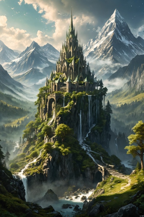 (masterpiece, top quality, best quality, official art, beautiful and aesthetic:1.2), a divinesplatter elven kingdom, forests, mountains, fairies 