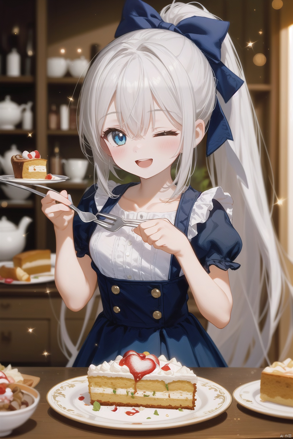  1girl, solo, blue eyes, one eye closed, food, long hair, fork, white hair, cake, holding, looking at viewer, ponytail, smile, holding fork, open mouth, short sleeves, blush, bangs, bow, breasts, shirt, skirt, heart, puffy sleeves, plate, white shirt, hair ornament, ribbon, ;d, frills, very long hair, holding plate,