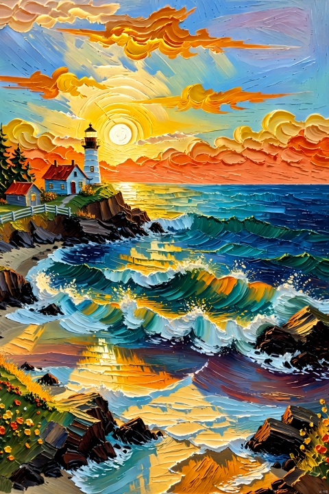 Impressionism fine art impasto on canvas by Van Gogh. Blissful sunset hues. Warm tones, Warm hues. A cabin by the ocean. A lighthouse on the bluff. Paths leading away. airbrush painting. Atmospheric, moody, rustic.