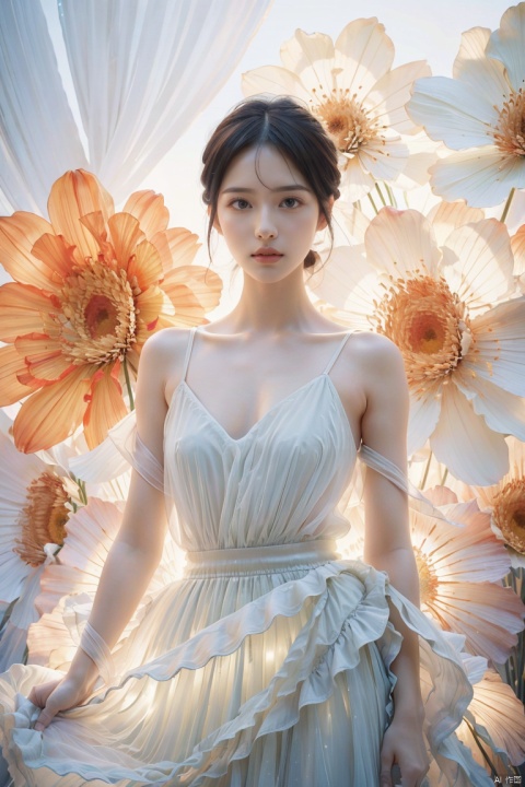  Soft light, （Upper body close-up：1.2）, Magazine cover,masterpiece, 1 girl, luminous skirt, luminous skirt, white background, standing in front of french window, blue and orange lights, clear details, floating hair, delicate facial features, extremely beautiful face, Flowers, best quality, sparkling dress