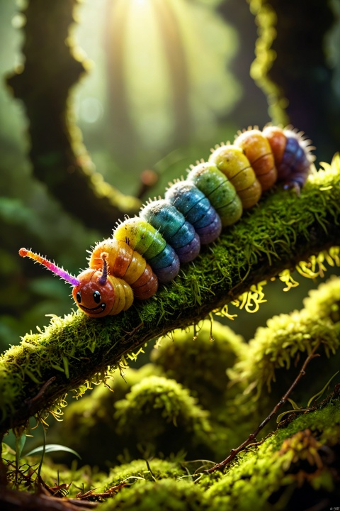 A photo of a rainbow colored caterpillar on a moss covered branch, backlit, translucent, glow hyper realistic, natural soft rim light, cinematic lighting, concept art by arti stincent
