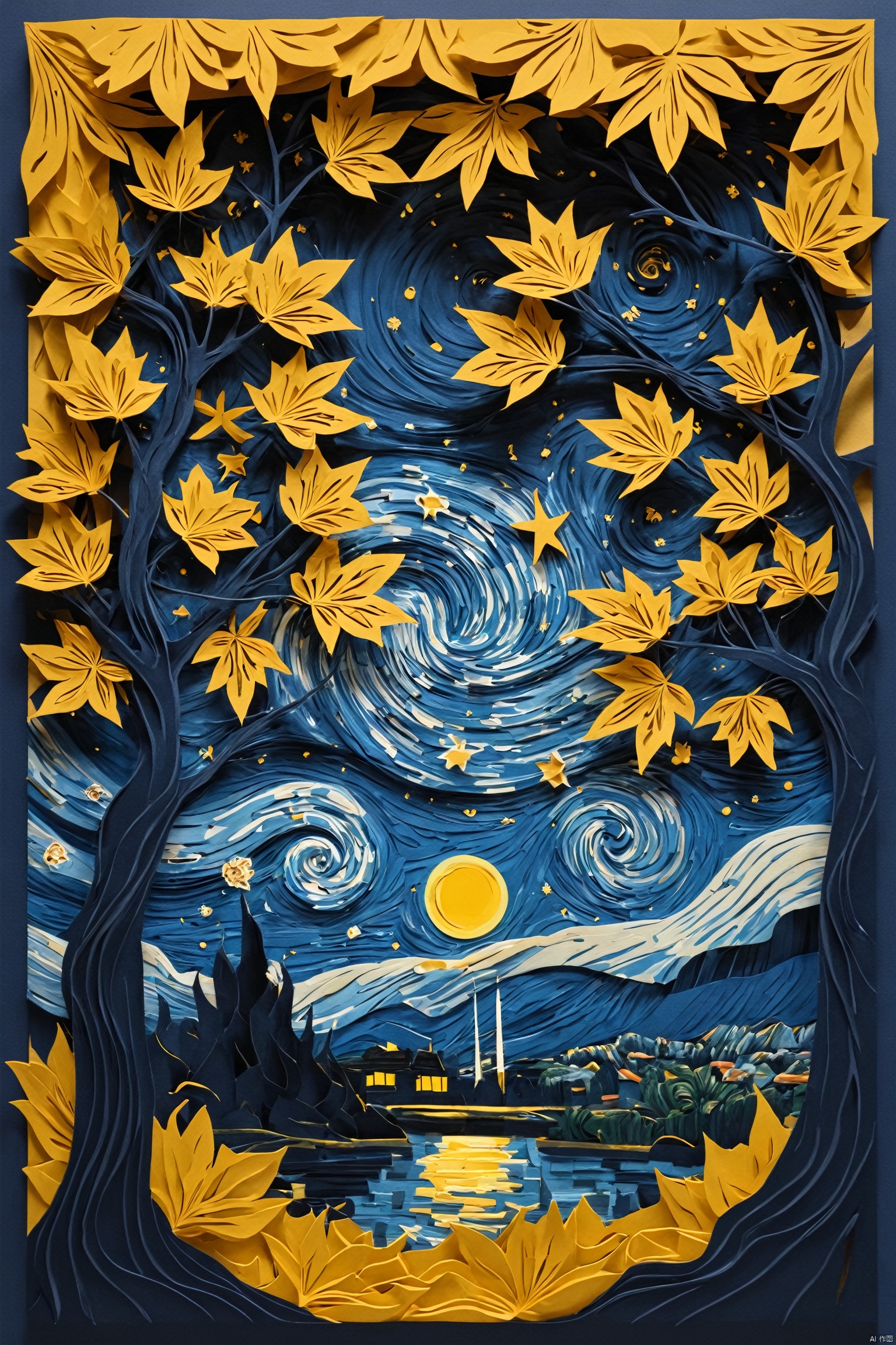 kirigami representation of the image captures the mesmerizing essence of vincent van gogh's iconic painting, "starry night." the dominant element is a majestic tree with gnarled branches and glowing yellow leaves. the swirling blues and yellows in the background represent the night sky, evoking a sense of movement and energy. this artwork embodies the impressionism art style with its focus on capturing the fleeting effects of light and color in a moment of time. . 3d, paper folding, paper cutting,intricate, symmetrical, precision, clean lines