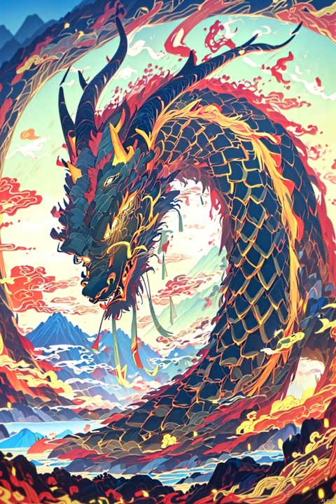  (\long yun heng tong\), Line art, flat color, The ultra wide-angle lens, magnificent and breathtaking scene, epicmasterpiece,Magnificent and innumerable mountains, eastern dragon,Flying in the sky,Golden eyes, glowing, glowing eyes, no humans, open mouth, horns, teeth, scales,yellow fire, (\long yun heng tong\), landscape painting