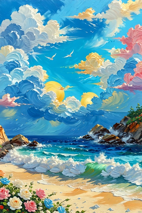 very beautiful landscape. Azure sky, insanely beautiful, colorful soaring clouds, merge with white roses, rocks, sea, cool, oil painting, Healing_Painting