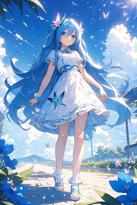  1girl, solo, long hair, looking at viewer, blue eyes, dress, very long hair, blue hair, standing, flower, outdoors, sky, shoes, day, socks, cloud, two side up, bug, white socks, butterfly