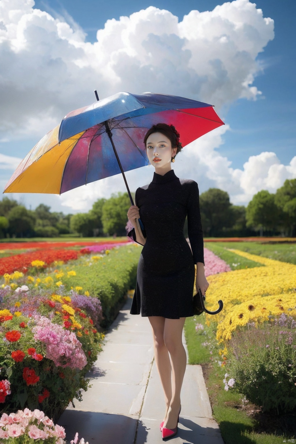  A colorful girl in full body, wearing a multi-colored dress, holding a rainbow umbrella, standing against a backdrop of blue sky and white clouds. Her skin is fair, her eyes are bright, and her smile is sweet. High resolution image of the most beautiful artwork in the world featuring a colorful girl with a rainbow umbrella in a field of flowers. Trendy, vibrant, cheerful, summer vibes. Oil painting by Vincent van Gogh, Claude Monet, Renoir, Picasso, Salvador Dali, Frida Kahlo, trending on ArtStation, trending on DeviantArt. Intricate, High Detail, Sharp focus, dramatic, photorealistic painting art by midjourney and greg rutkowski., tutult