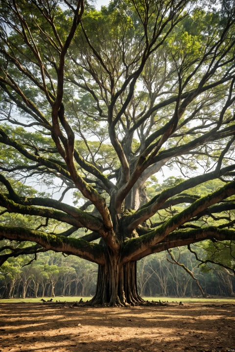 outdoors, 1 huge banyan tree, no humans, grass, nature, scenery, forest, bare tree,deep in the forest
