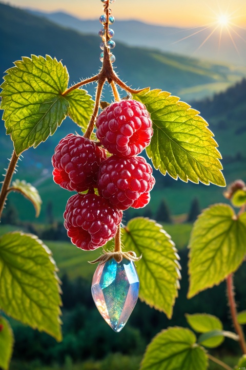 a delicate cluster of (raspberry: 1.19) (hanging from stem) (iridescent) (made of opal: 1.19), (divine iridescent glowing: 1.39), (opalescent textures: 1.09), growing in the early morning light, (wet: 0.49). in the background beautiful valleys, , volumetric light, ethereal, sparkling, studio photo, highly detailed, sharp focus