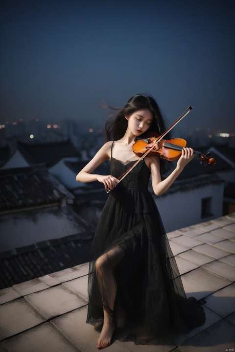 leogirl,a young girl playing the violin on the roof of a building,dark environment,in the dark,deep shadow,a very atmospheric scene,Chinese girl,slender figure,the evening breeze ruffled her hair,long black hair,blurry_foreground,depth of field,Raw photo,light through out from shadowmotion blur.Shaky Camera,flashy,dynamic posedreamy,wind,black theme,film grain,grainy,eyes closed,double exposure,tile shift,(upward perspective:1.3),(full body:1.3),flat roof,venerable roof,a cinematic atmosphere,triangular composition,(look up view:1.3),long black tulle dress,best quality,8k,hazy and beautiful,night,shoot from the bottom up,wide-angle lens, han