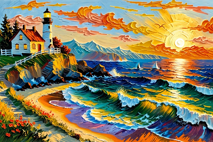  Impressionism fine art impasto on canvas by Van Gogh. Blissful sunset hues. Warm tones, Warm hues. A cabin by the ocean. A lighthouse on the bluff. Paths leading away. airbrush painting. Atmospheric, moody, rustic.