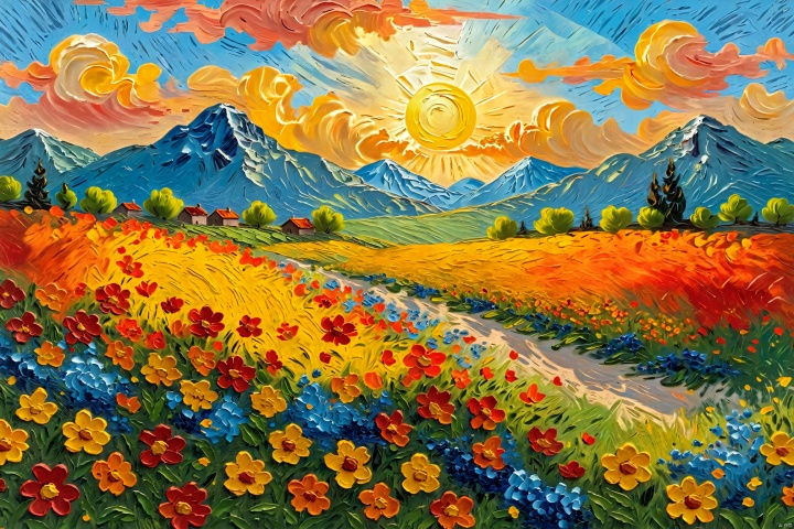  Impressionism fine art impasto on canvas by Van Gogh. Blissful sunset hues. flower, outdoors, sky, day, cloud, blue sky, no humans, traditional media, grass, red flower, scenery, mountain, sun, field, orange flower,airbrush painting. Atmospheric, moody, rustic.
