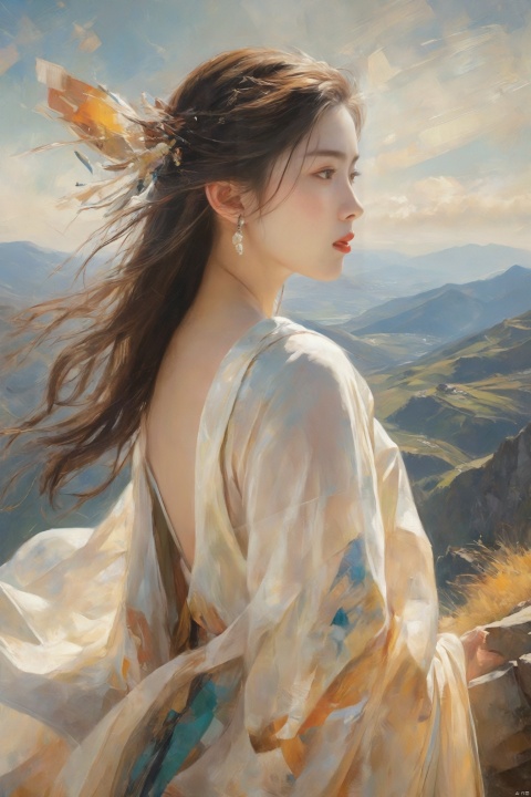 Best quality, masterpiece,realistic,cubist artwork Atop a mountain, a girl looks out over a breathtaking vista of valleys and distant peaks. The wind gently plays with her hair as she stands in awe, the vastness of the landscape stretching out before her, a testament to the majesty of the natural world.