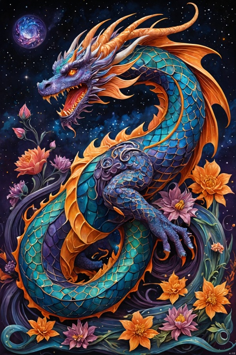 A vibrant artwork of a serpentine creature, possibly a dragon, intertwined amidst a cosmic backdrop. The dragon's body is adorned with a myriad of colors, patterns, and textures, reminiscent of stained glass. It has a long, curving tail, and its head is crowned with a mix of fiery oranges, deep reds, and purples. The background is a mesmerizing blend of blues, purples, and oranges, representing a starry night sky with celestial bodies like planets and moons. The dragon's head is positioned above a cluster of flowers, and its body winds its way through a series of wavy patterns, possibly representing water or waves.
