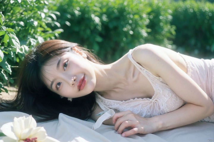  best quality, masterpiece, ultra high res,1girl, big breast, looking at viewer,pure color background,1girl, 3d, black hair, blurry, blurry background, blurry foreground, depth of field, flower, flower field, lying, photo \(medium\), realistic, sand, solo, yosshi film