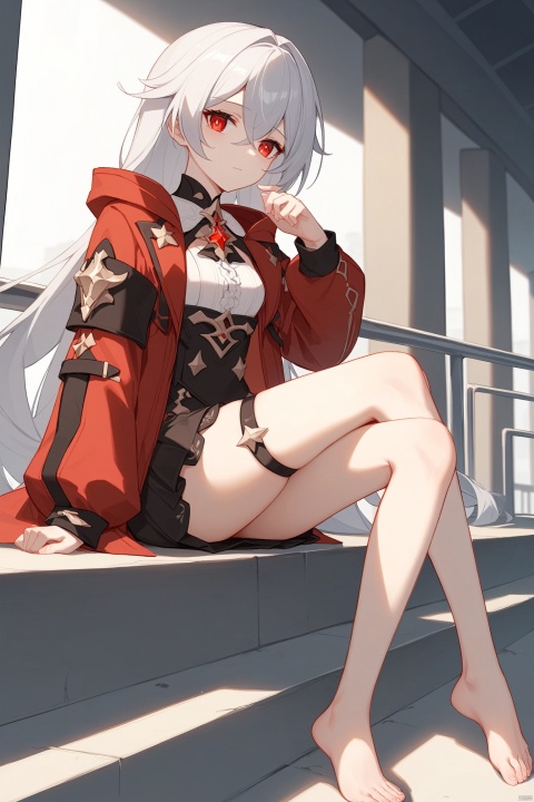 score_9, score_8_up, score_7_up,source_anime, high res image,masterpiece,best quality,1girl, clara_(honkai:star_rail), long_hair, white_hair, red_eyes, long_sleeves, hair_between_eyes, red_jacket, barefoot, red_coat, grey_hair, toes, thigh_strap
