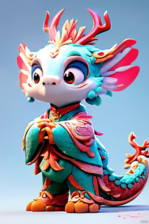 A cute IP cartoon Chinese dragon, antlers, two hands,Pink dragon scales, standing, anthropomorphic, big eyes, bright light, beautiful light, cute, surreal,3D, C4D, octane render, clean background,Cute, festive, and festive for the Chinese New Year,With red color, little girl